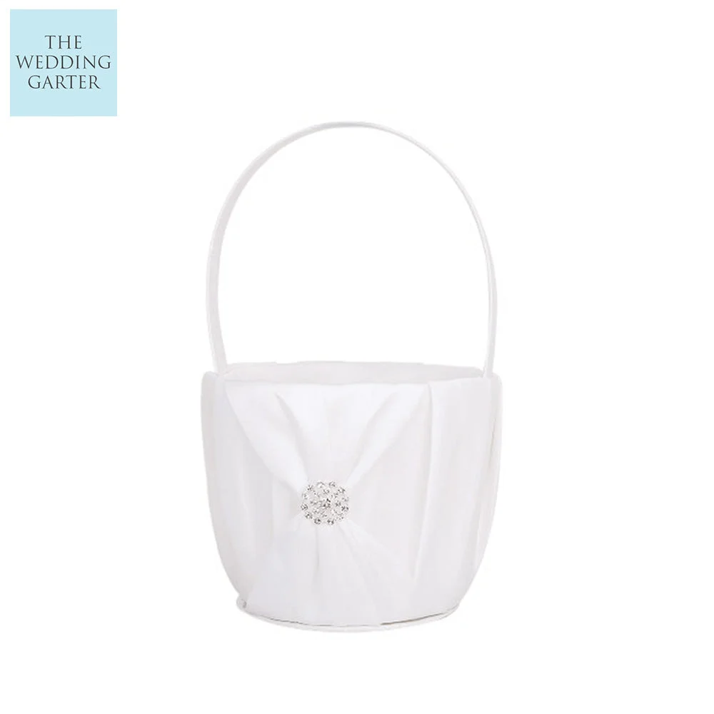 Diamond White Satin Wedding Basket For Flower Girls