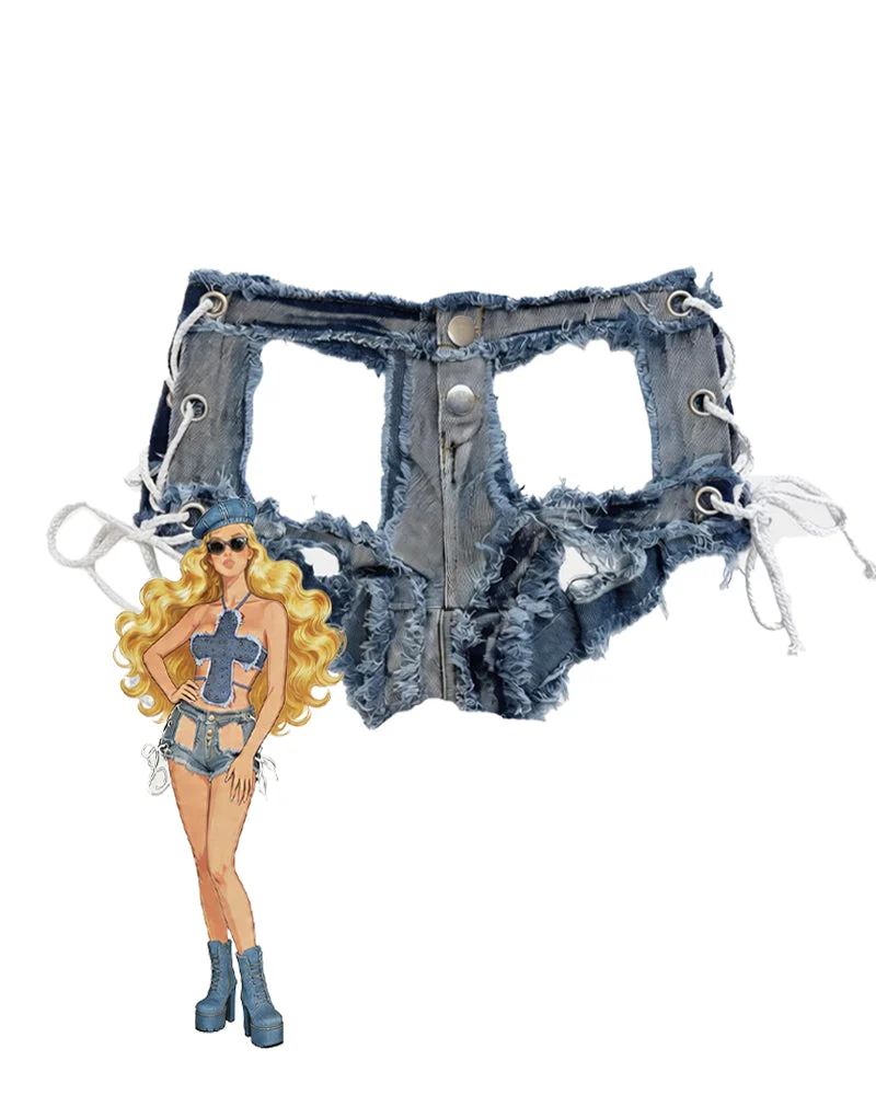 Distressed Lace-Up Denim Cheeky Shorts ¨C Ripped Festival Micro Hot Pants