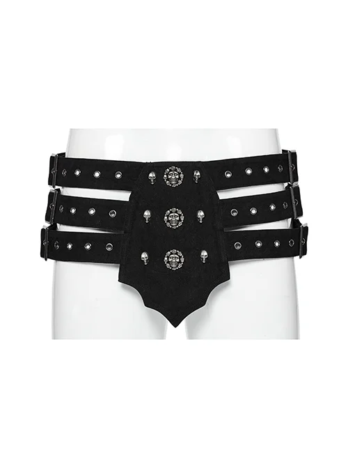 Domineering Three Row Black Old Feel Woven Front Center Personalized Skull Rivet Design Punk Style Belt