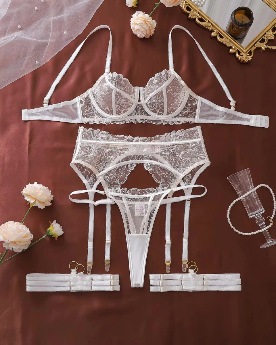 Don't Think Twice - White Lace Embroidered Lingerie Set with Garters