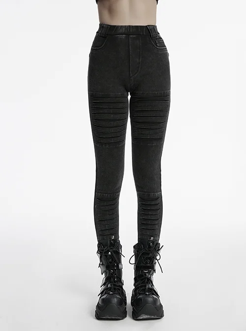 Doomsday Black Fake Hole Knitted Design Unique Distressed Stretch Steampunk Style Slim Jeans