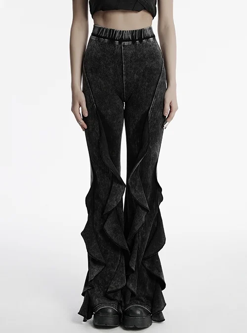 Doomsday Wasteland Black Retro Distressed Ruffled Fishtail Hem Steampunk Style Tight Flared Pants