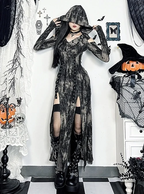 Doomsday Wasteland Hooded Slit Dark Brown Tie Dye Pattern Double Row Of Rivets Design Punk Style Long Sleeve Dress