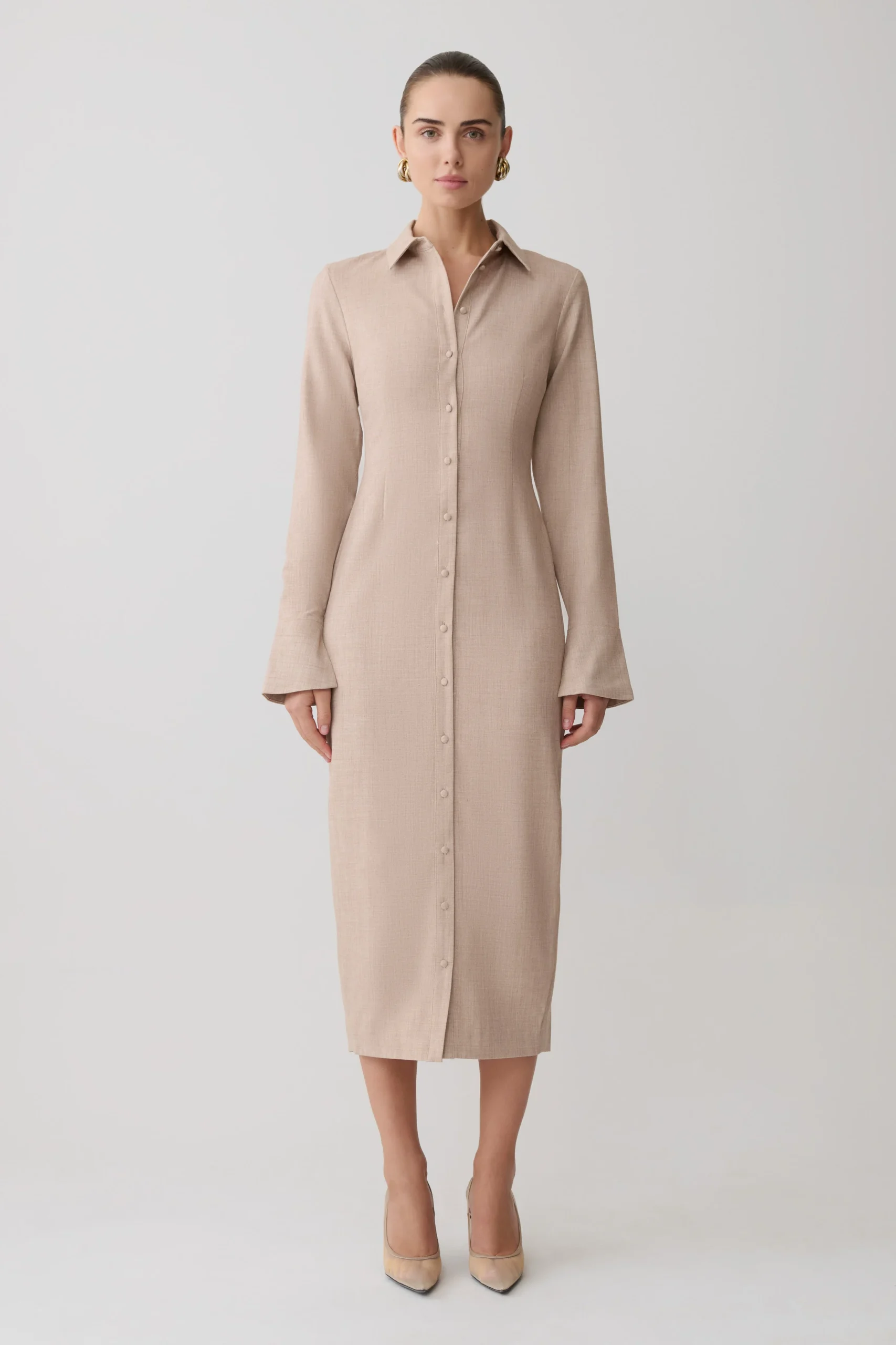 DorianFINAL SALEFitted Shirt Midi Dress - Wheat Marle