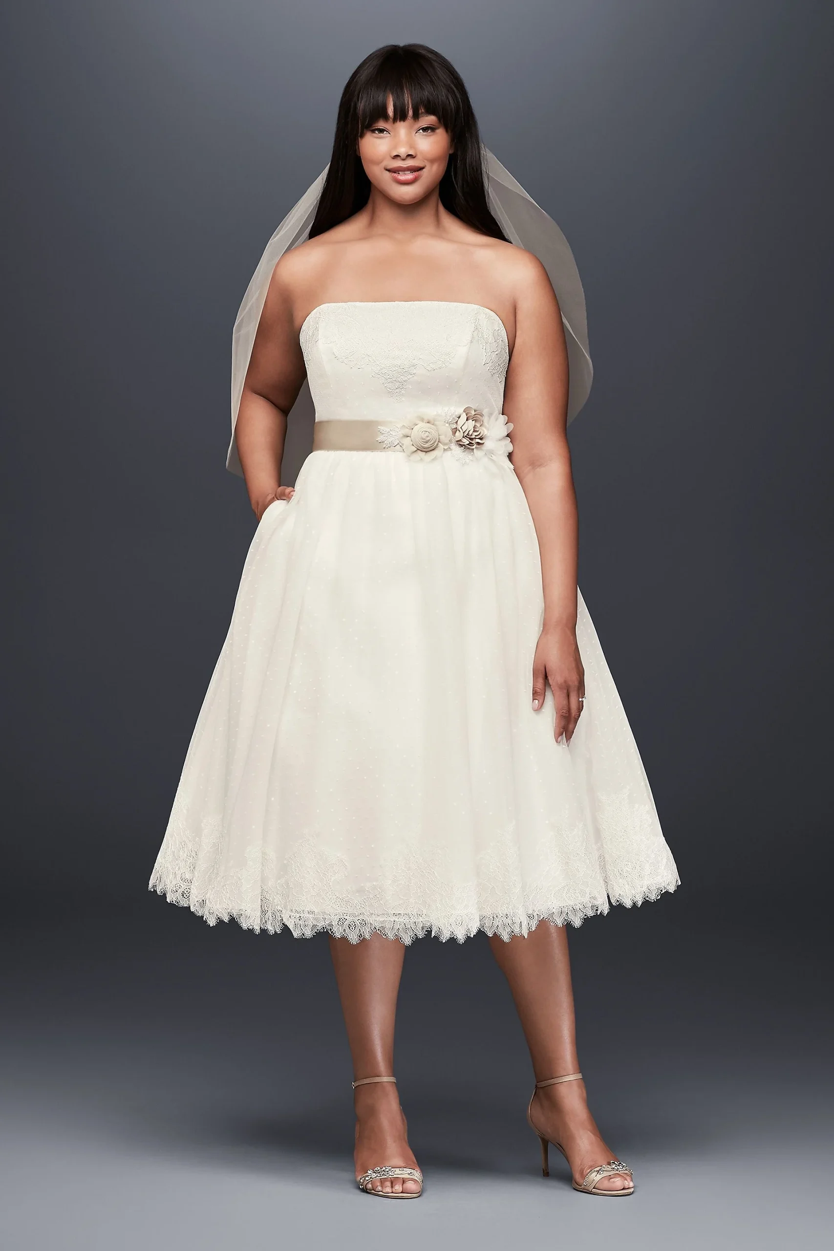 Dotted Tulle Tea-Length Wedding Dress with Lace
