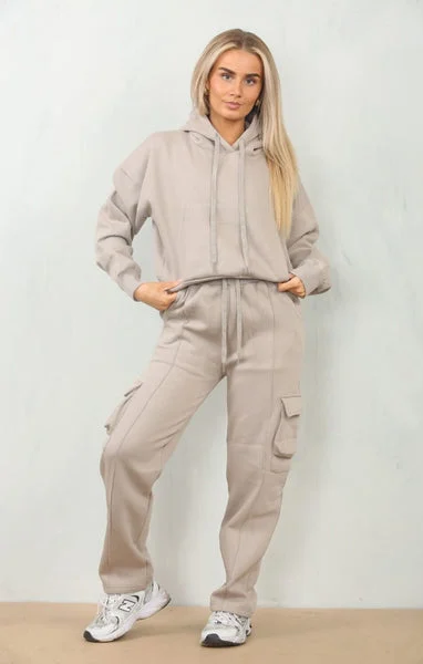 Dove Grey Cropped Fleece Hoodie with Cargo Jogger Sweatpants Loungewear Set - Roshana