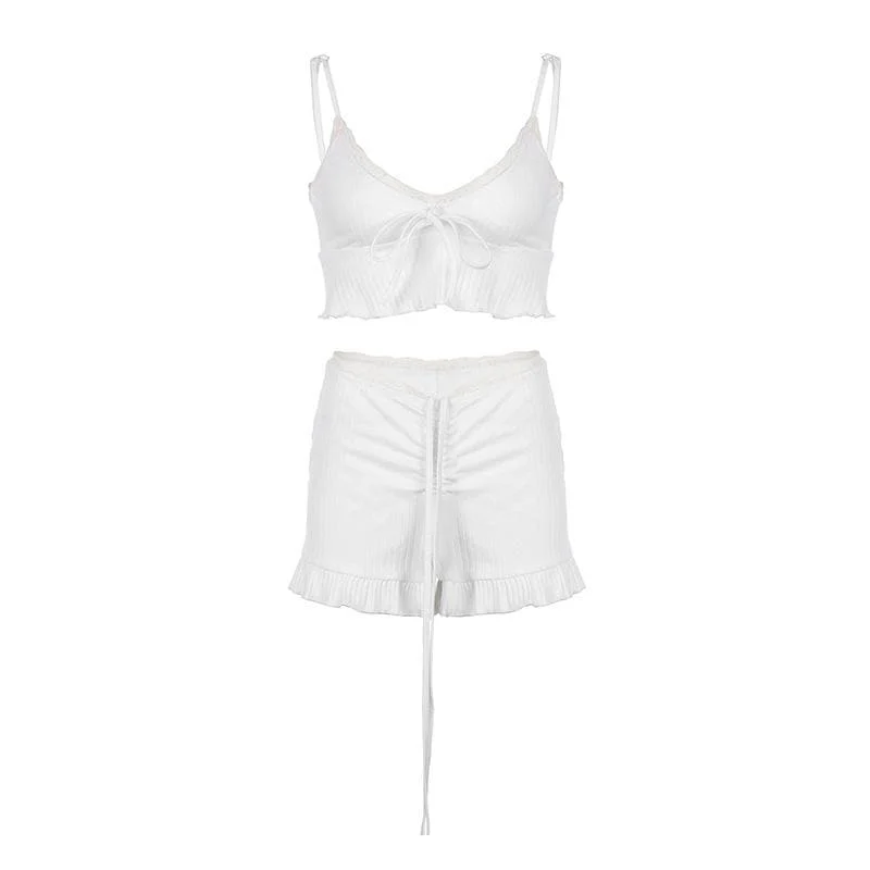 Drawstring ruffle solid self tie v neck cami pant set