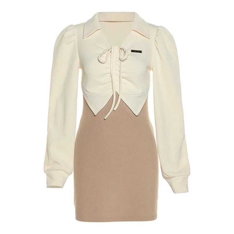 Drawstring turnover collar long sleeve contrast mini dress