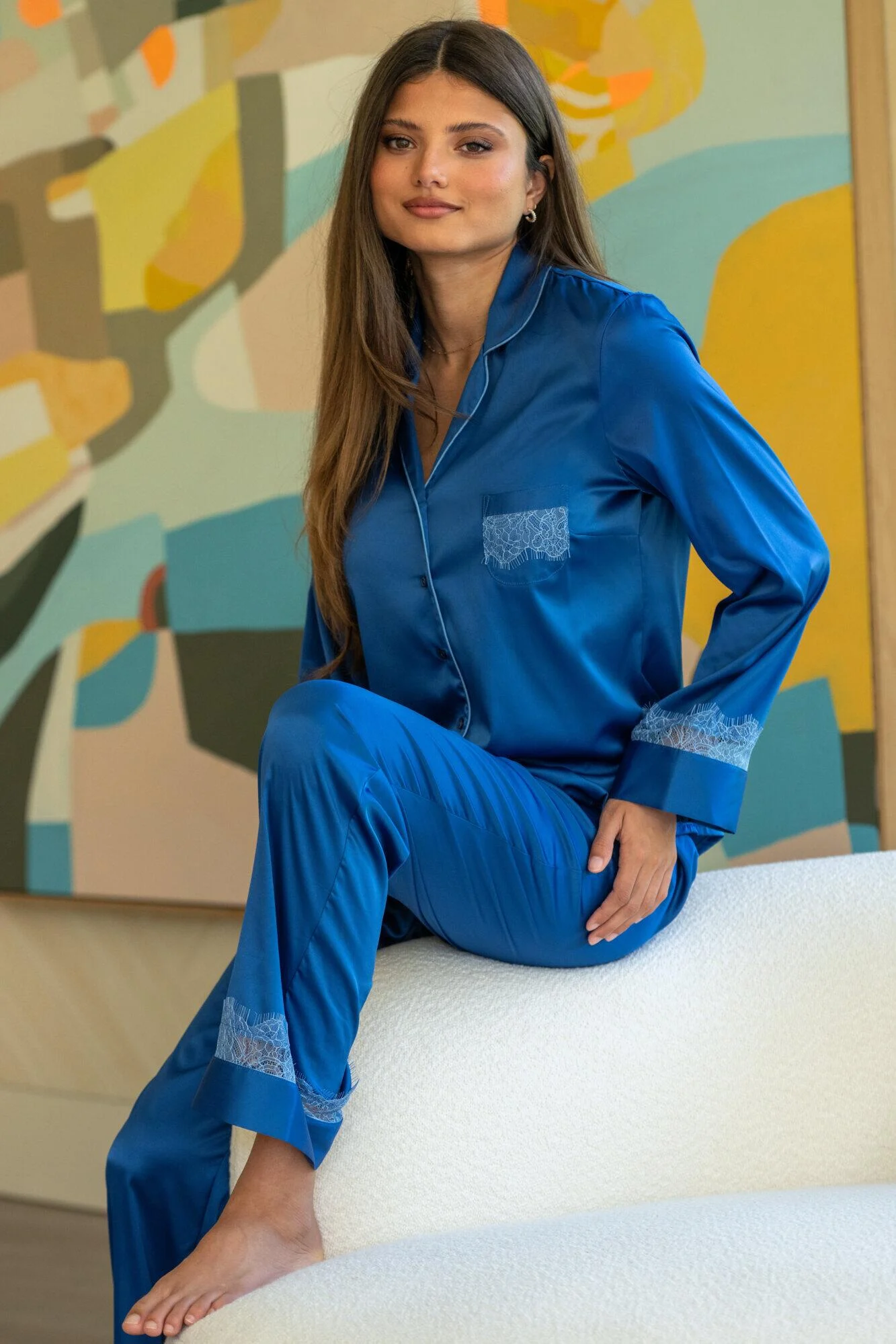 Dusk Satin and Lace Revere Collar Pyjama Set - True Blue/Mist