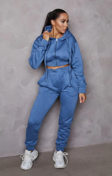 Dusky Blue cropped Zip Front Elasticated Hem Hoodie And High Waisted Jogger Loungewear Set Set- Addisyn