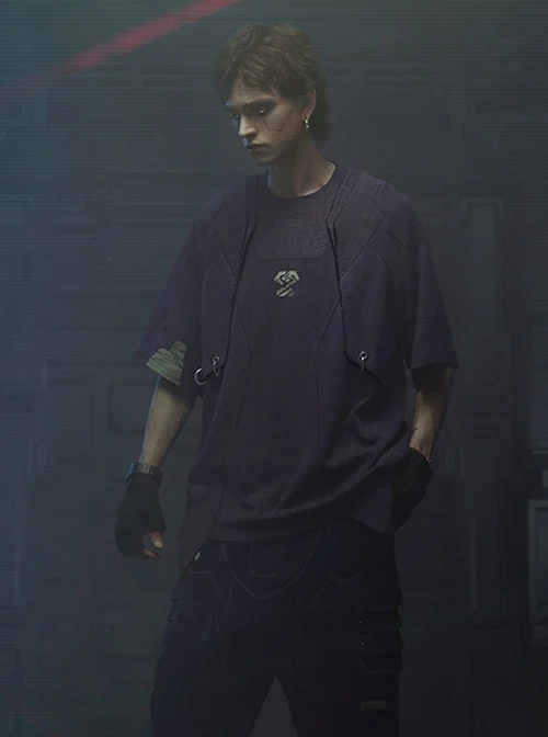 Dust Purple Cotton Old Texture Cyberpunk Street Loose Washed Double Shoulder Armor Short Sleeves T-shirt