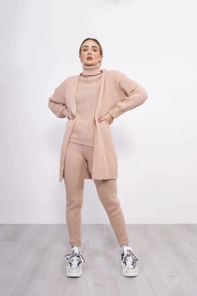 Dusty Pink Ribbed Knitted 3 Piece Loungewear Set-Jinet