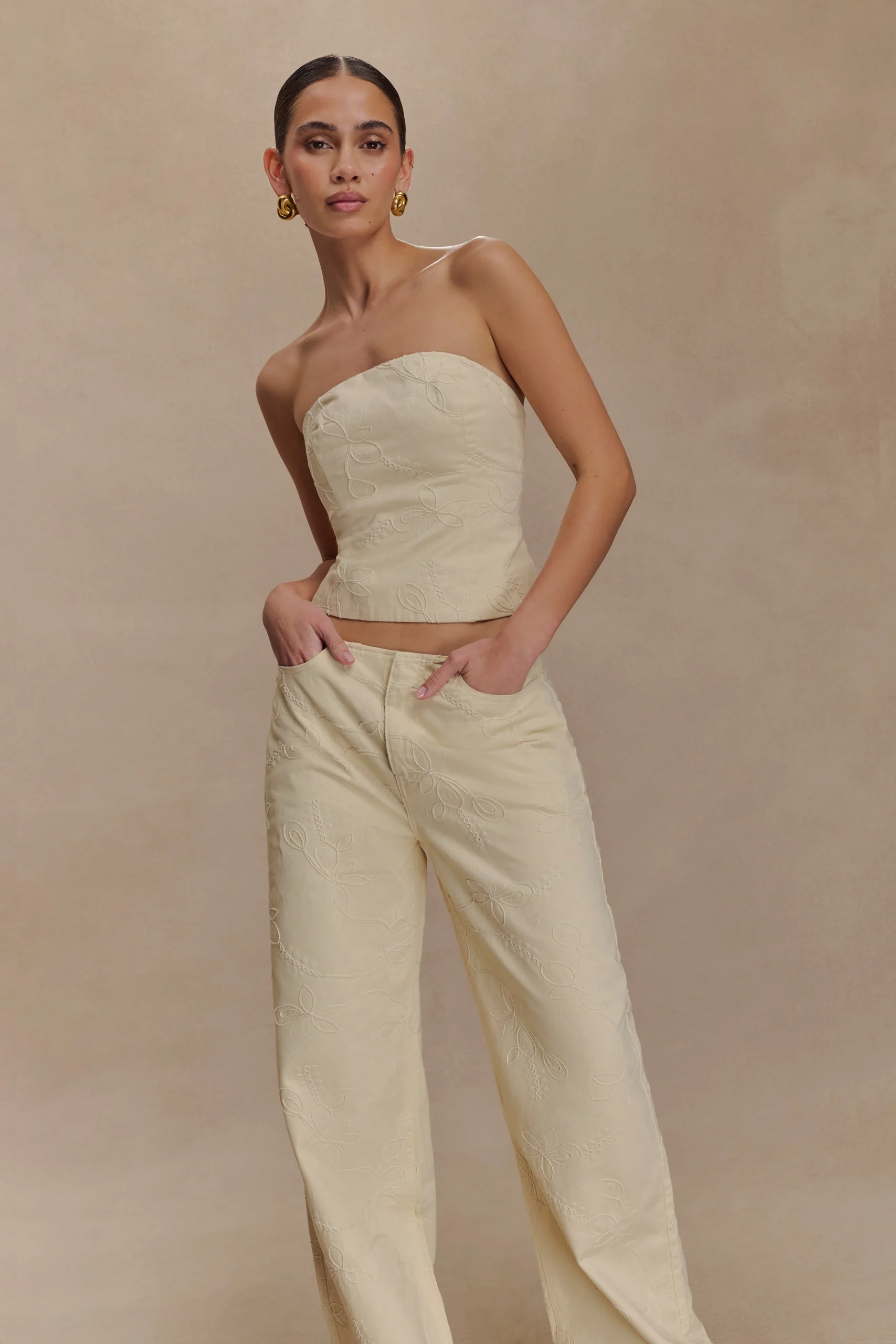 EbonyFINAL SALEEmbroidered Denim Jeans - Cream