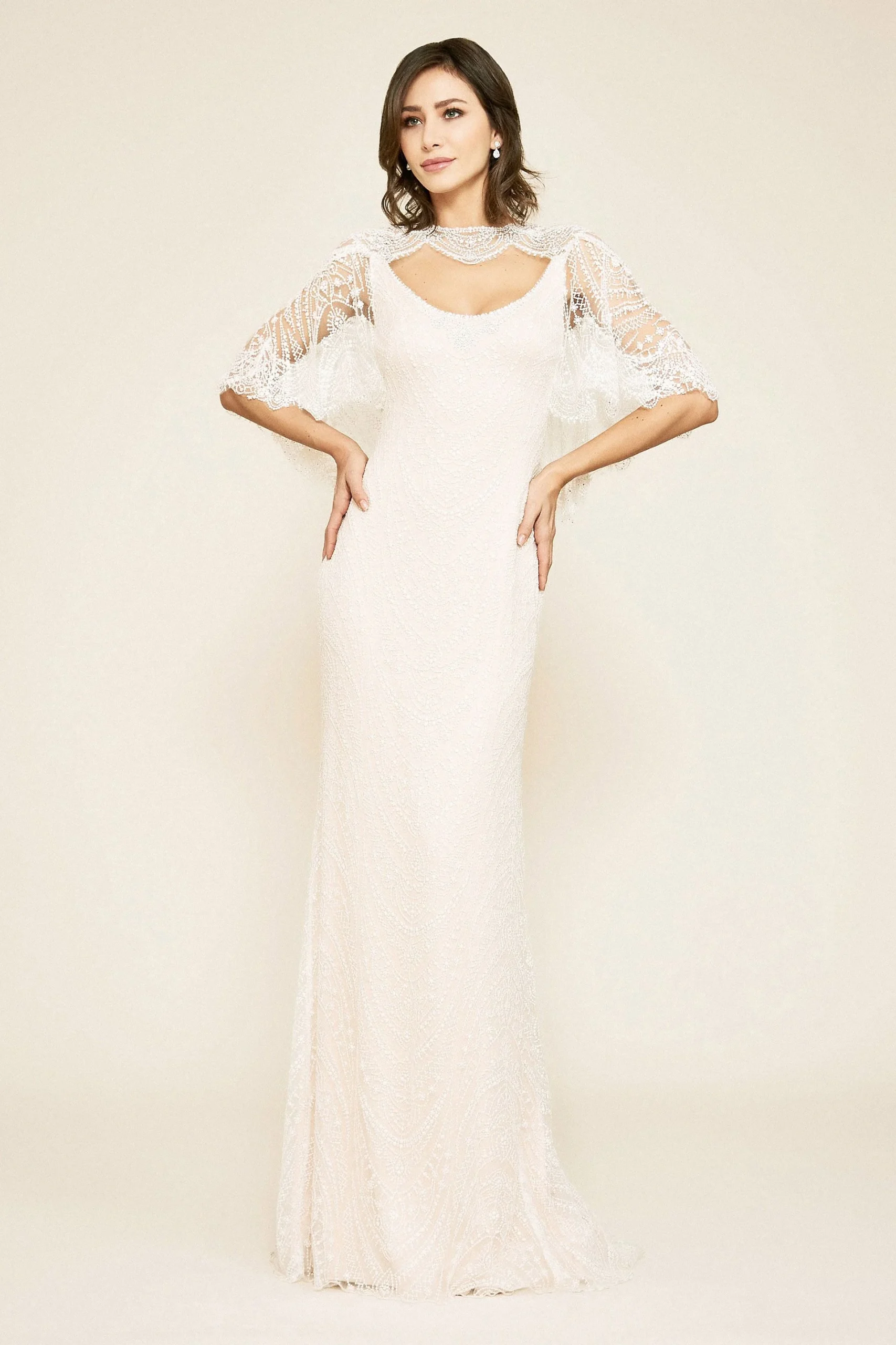 Elbow Sleeve Sheath Wedding Dress with Beading