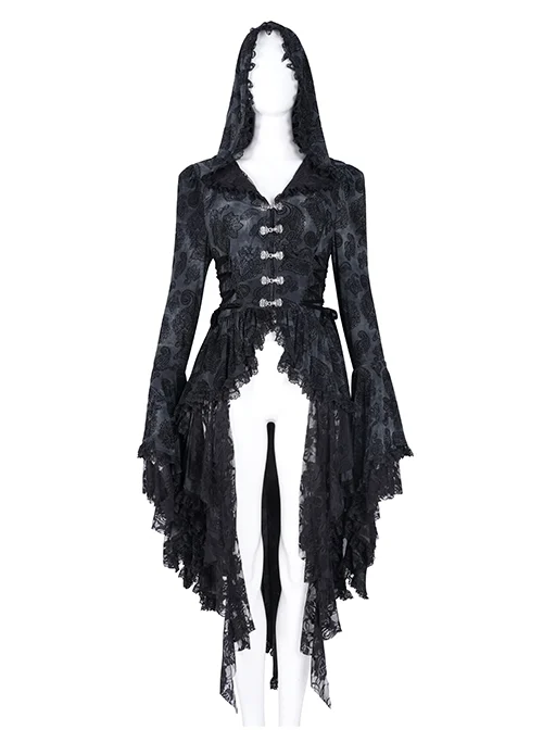 Elegant Black Front Center Hollow Exquisite Button With Pleated Lace Ruffled Gothic Style Long Sleeved Hooded Jacket