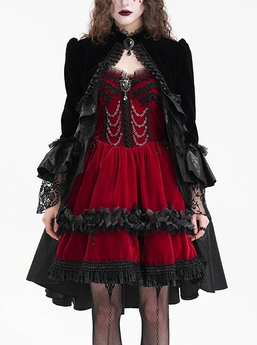 Elegant Black Front Center Hollow Gem Halter Neck With Pleated Lace Ruffled Gothic Style Long Sleeved Jacket