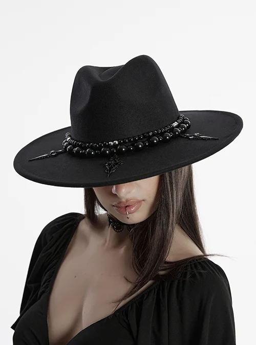 Elegant Black Imitation Woolen Cloth Exquisite Beaded Decoration Personalized Metal Cross Retro Gothic Style Hat