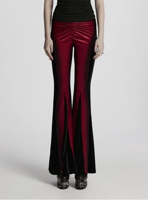 Elegant Black Red Gradient Print Retro Velvet Unique Patchwork Design Gothic Style Flared Pants