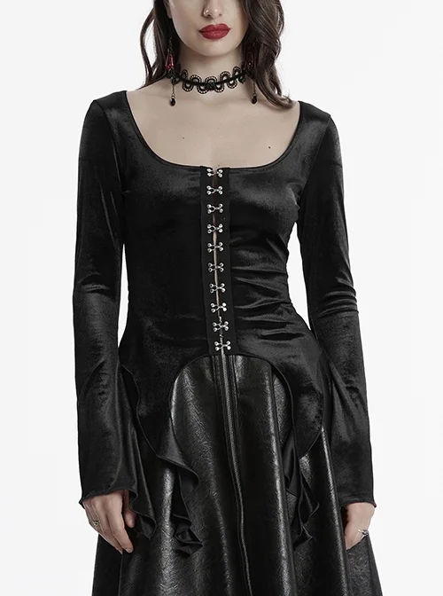 Elegant Black Velvet Sexy Square Collar Exquisite Metal Button Design Personality Hem Shape Gothic Style T Shirt