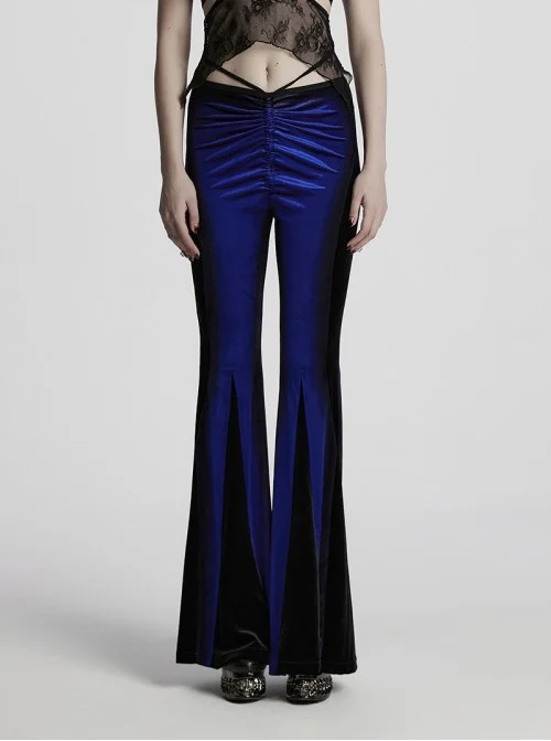 Elegant Blue Gradient Stitching Sexy Waist Straps Pleated Design Gothic Slim Flared Pants