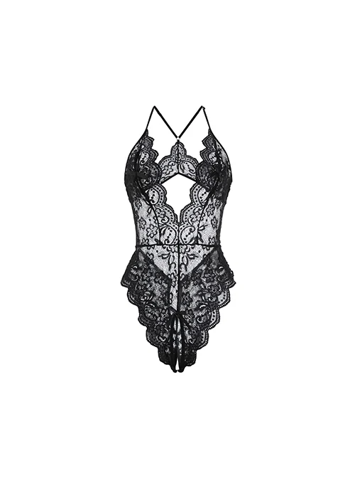 Elegant Chest Bow Deep V See-through Lace Backless Slim Open Crotch Jumpsuit Sexy Lingerie