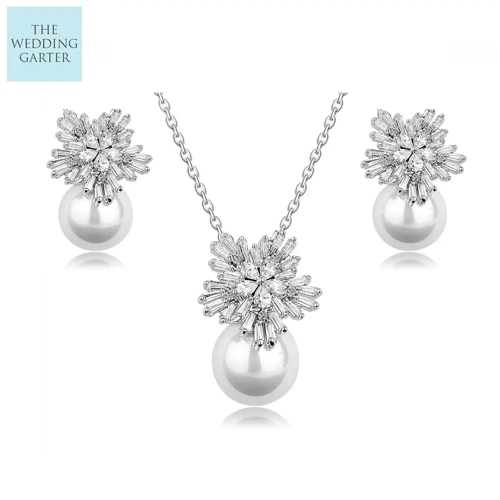 Elegant Cubic Zirconia & Pearl Drop Bridal Jewellery Set