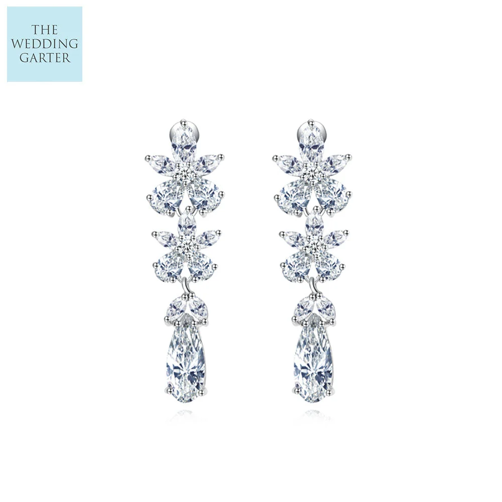 Elegant Floral Cubic Zirconia Drop Bridal Earrings