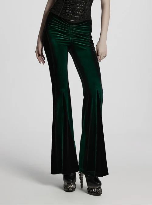 Elegant Green Gradient Print Luxury Velvet Sexy Waist Straps Irregular Stitching Design Gothic Style Flared Pants