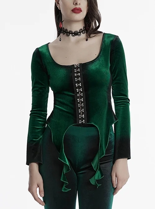 Elegant Green Gradient Print Sexy Square Neck Design Personality Hem Gothic Long Sleeves T Shirt