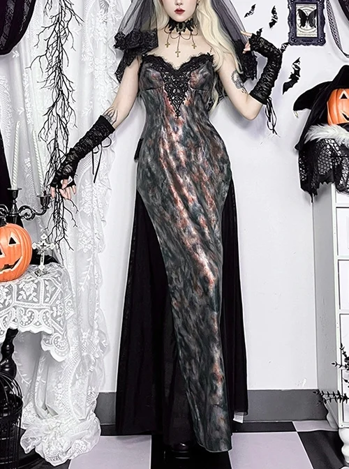 Elegant Green Patchwork Woven Front With Jacquard Fabric Decoration Gothic Style Suspender Sleeveless Dress