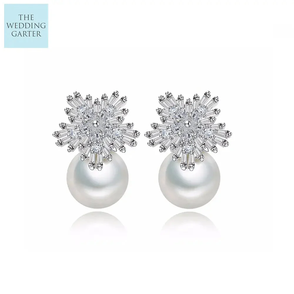 Elegant Pearl & Cubic Zirconia Diamond Stud Wedding Earrings