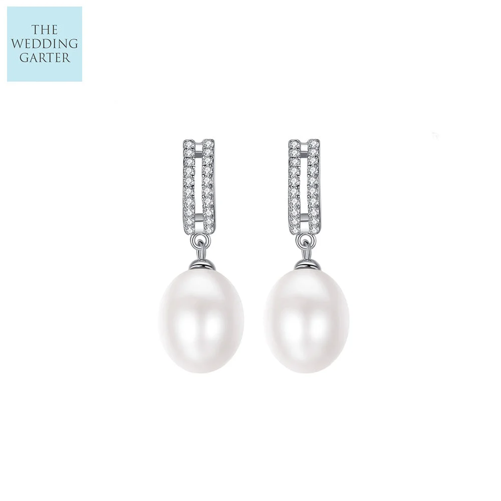 Elegant Real Pearl & CZ Diamond Sterling Silver Earrings