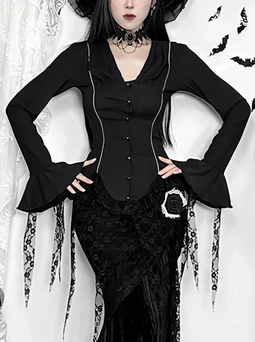 Elegant Retro Black V Neck Lace Patchwork Petal Hem Design Gothic Style Slim Fit Flared Sleeves Top