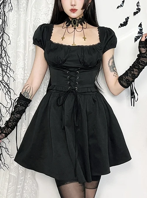 Elegant Retro Square Neck Palace Style Black Slim Backless Gothic Style Puff Short Sleeves Dress