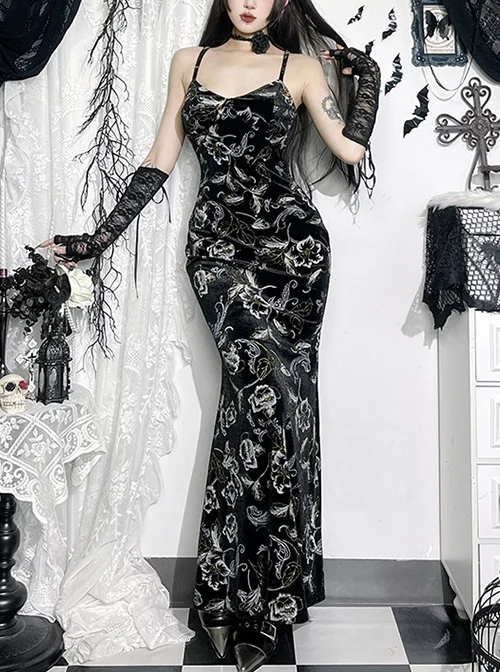 Elegant Sexy Slim Black Retro Bronzing Velvet Gothic Style Suspender Dress