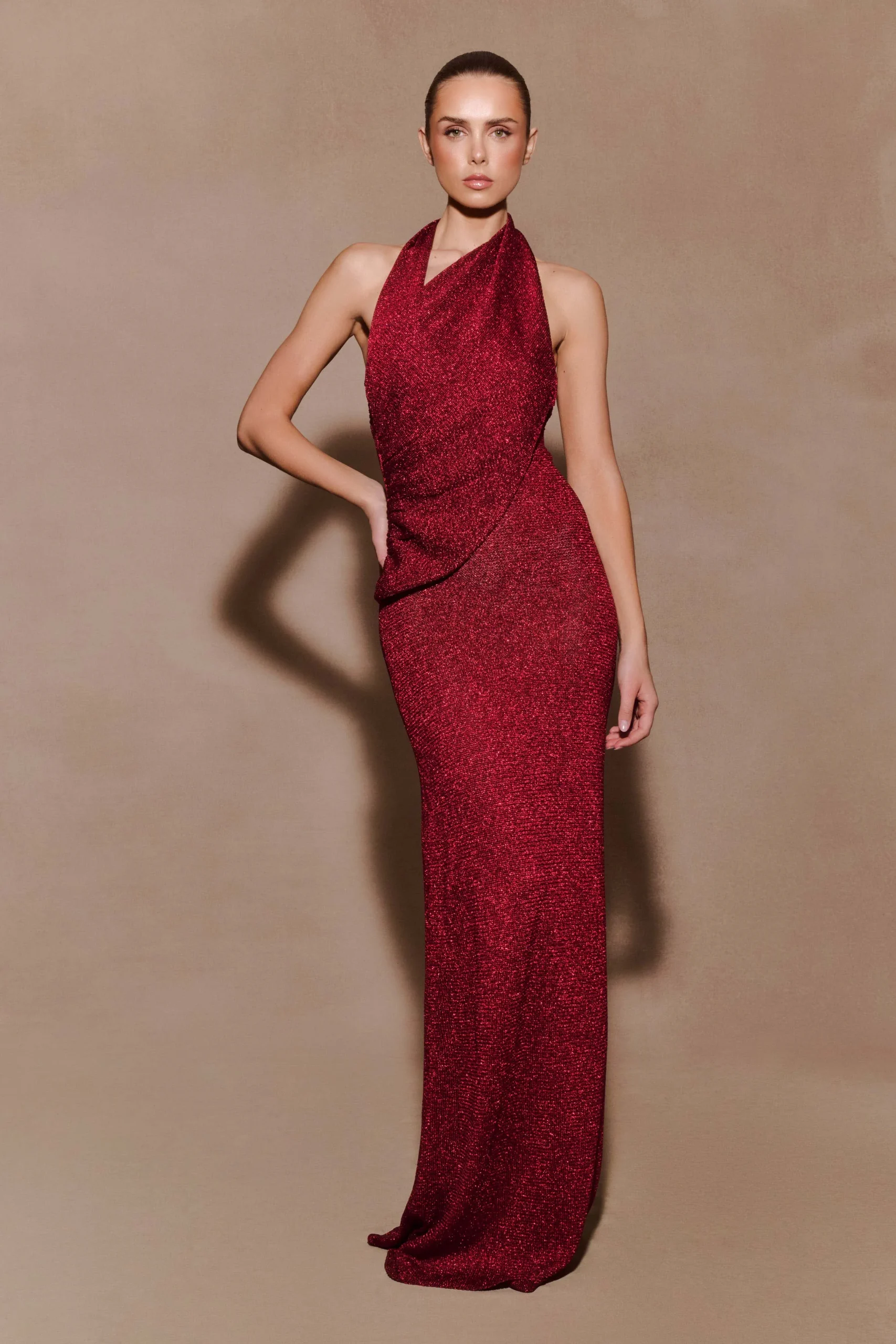 ElmaLurex Knit Halter Maxi Dress - Deep Red