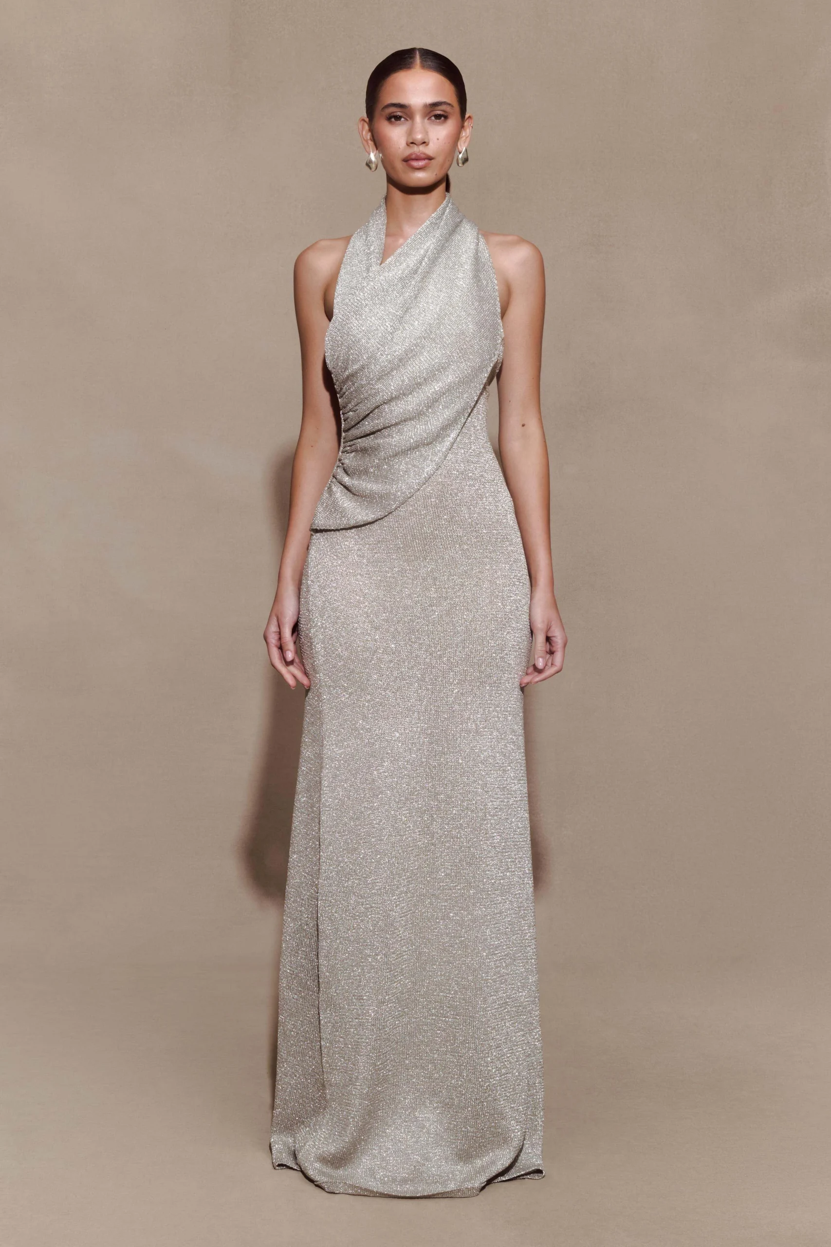 ElmaLurex Knit Halter Maxi Dress - Silver