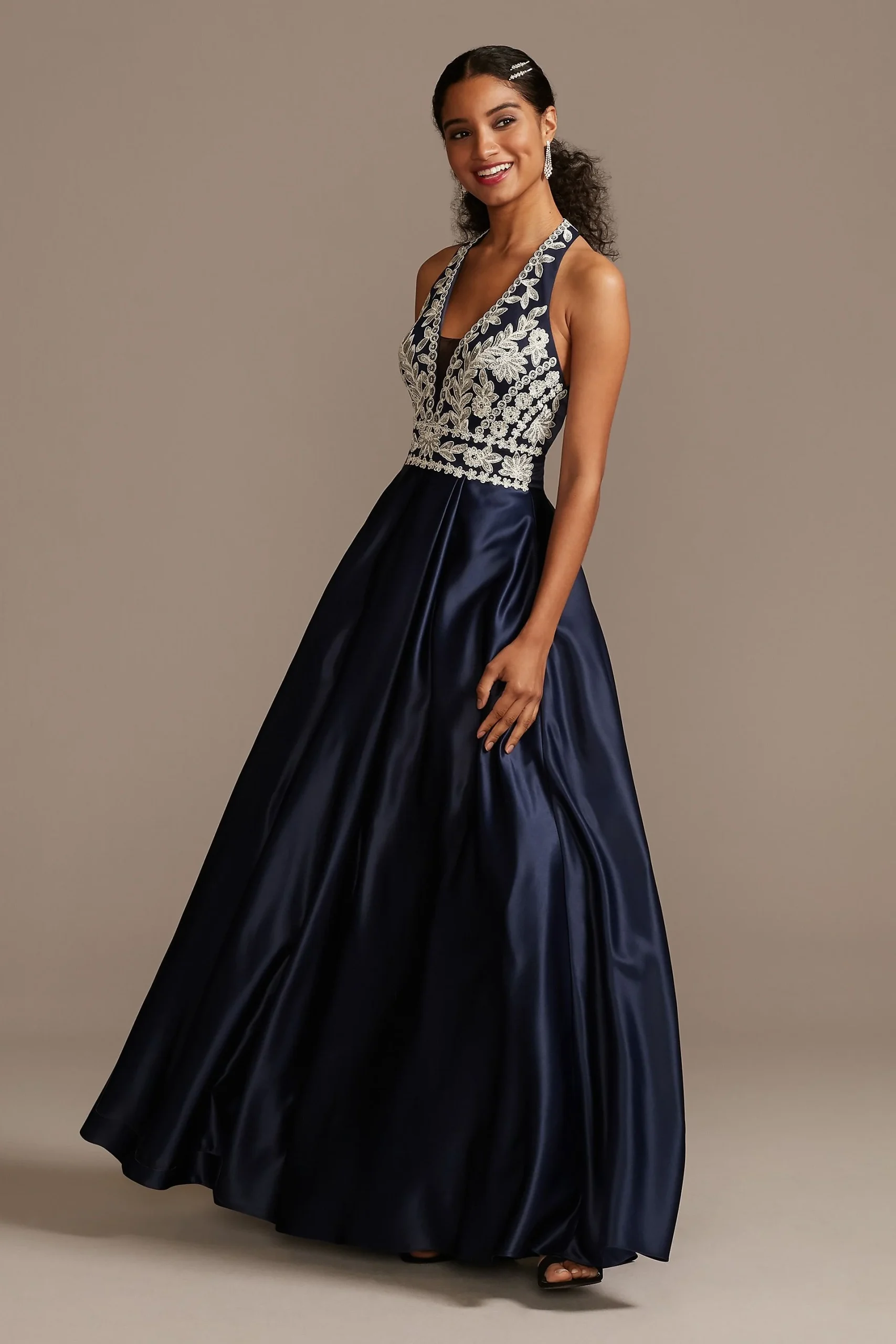 Embellished Bodice Satin Gown with Open Back