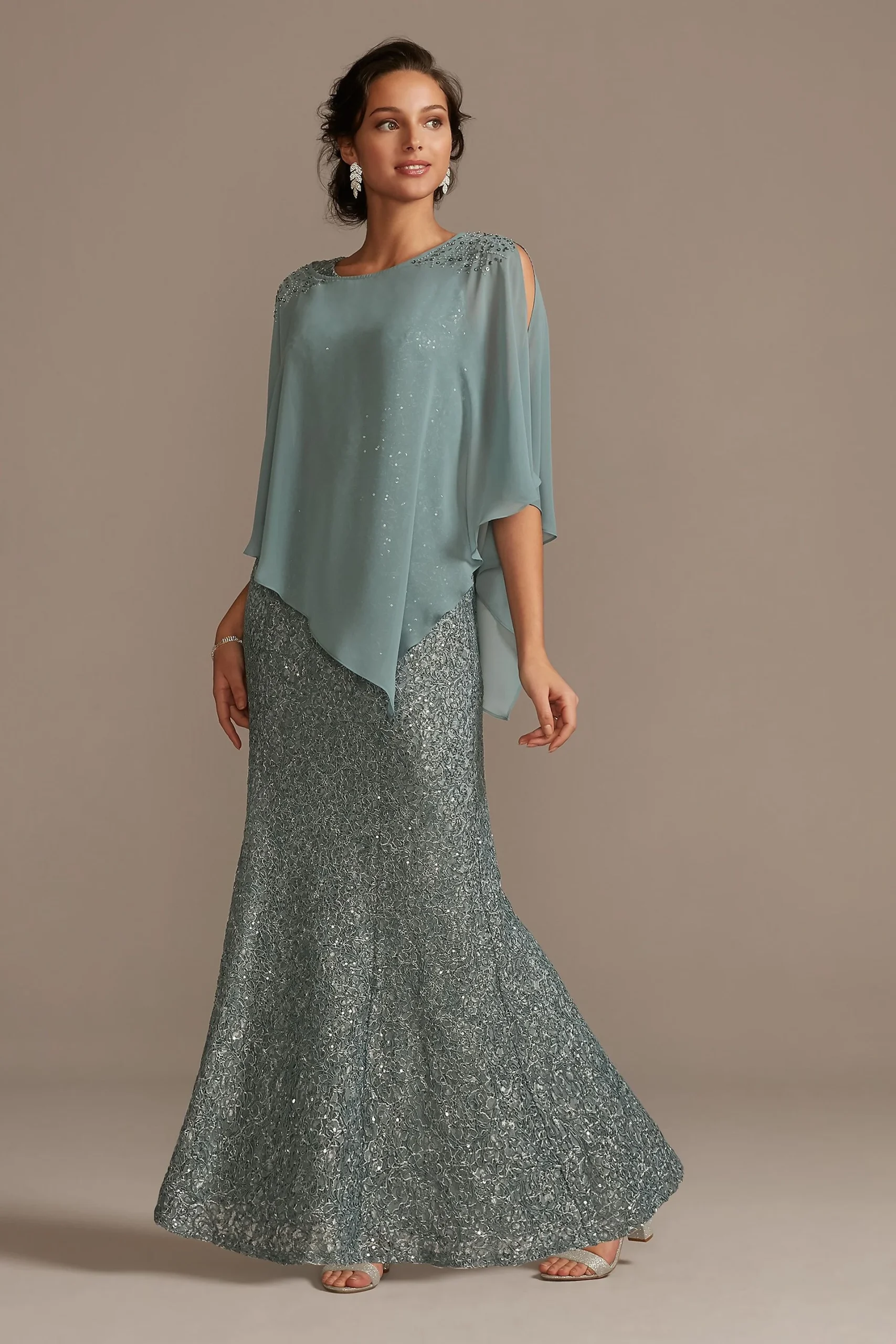 Embellished Cold-Shoulder Capelet Lace Dress Set