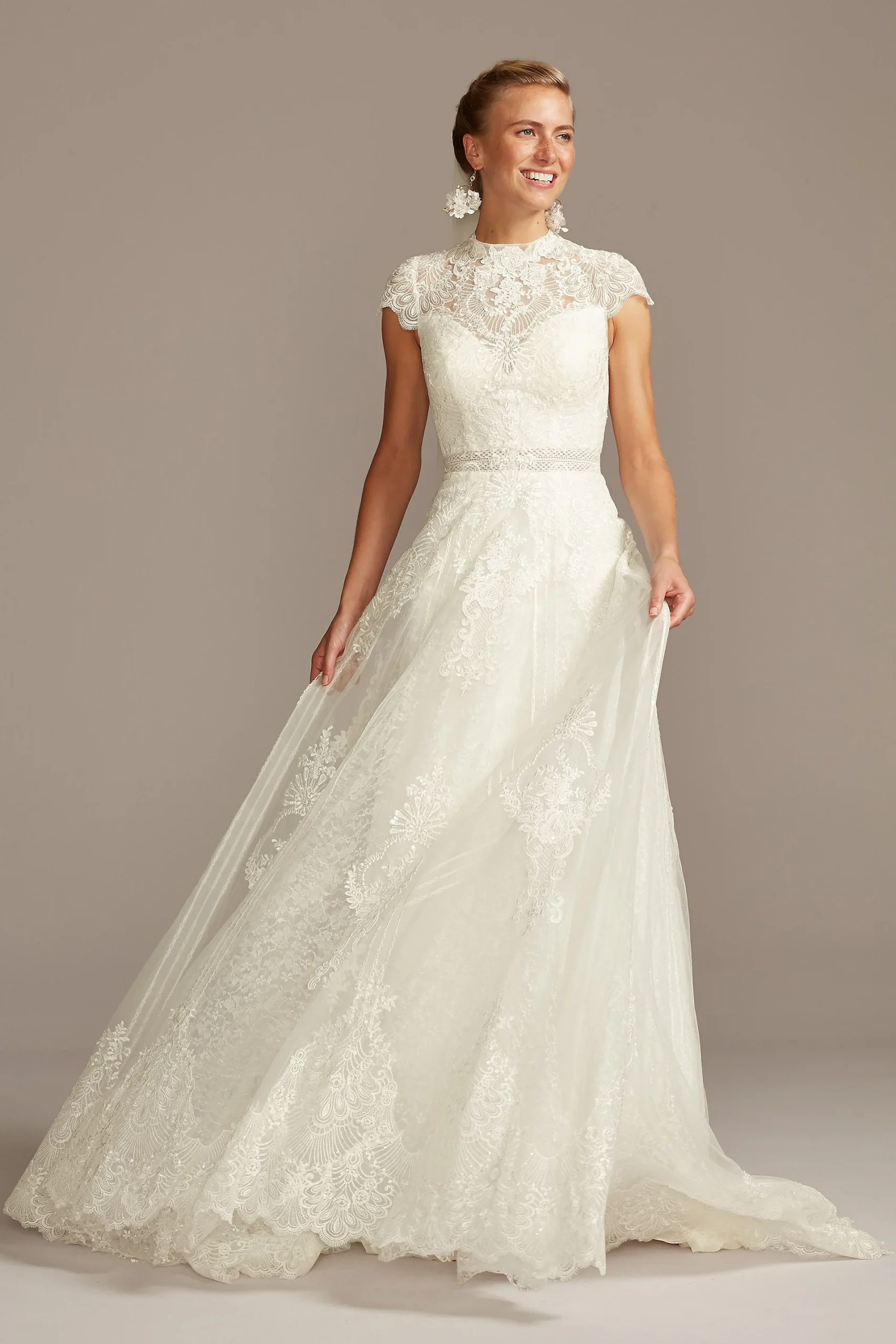 Embroidered Illusion Mock Neck Wedding Dress