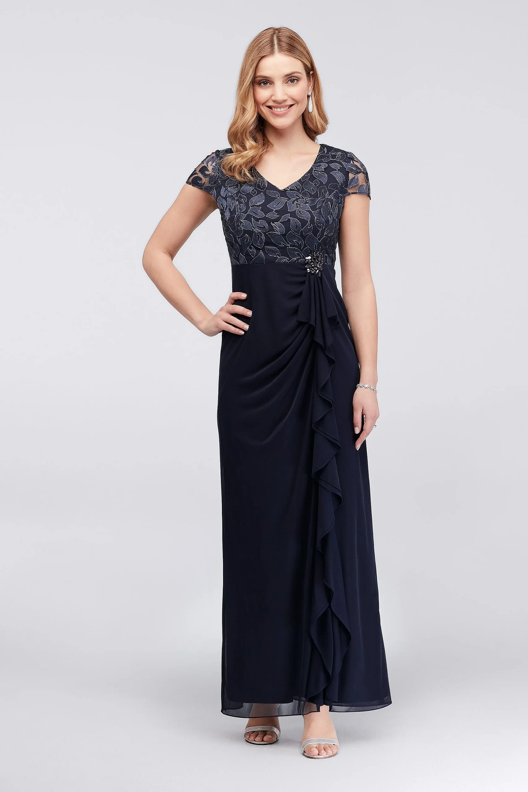 Embroidered Petite Sheath with Cascade Skirt