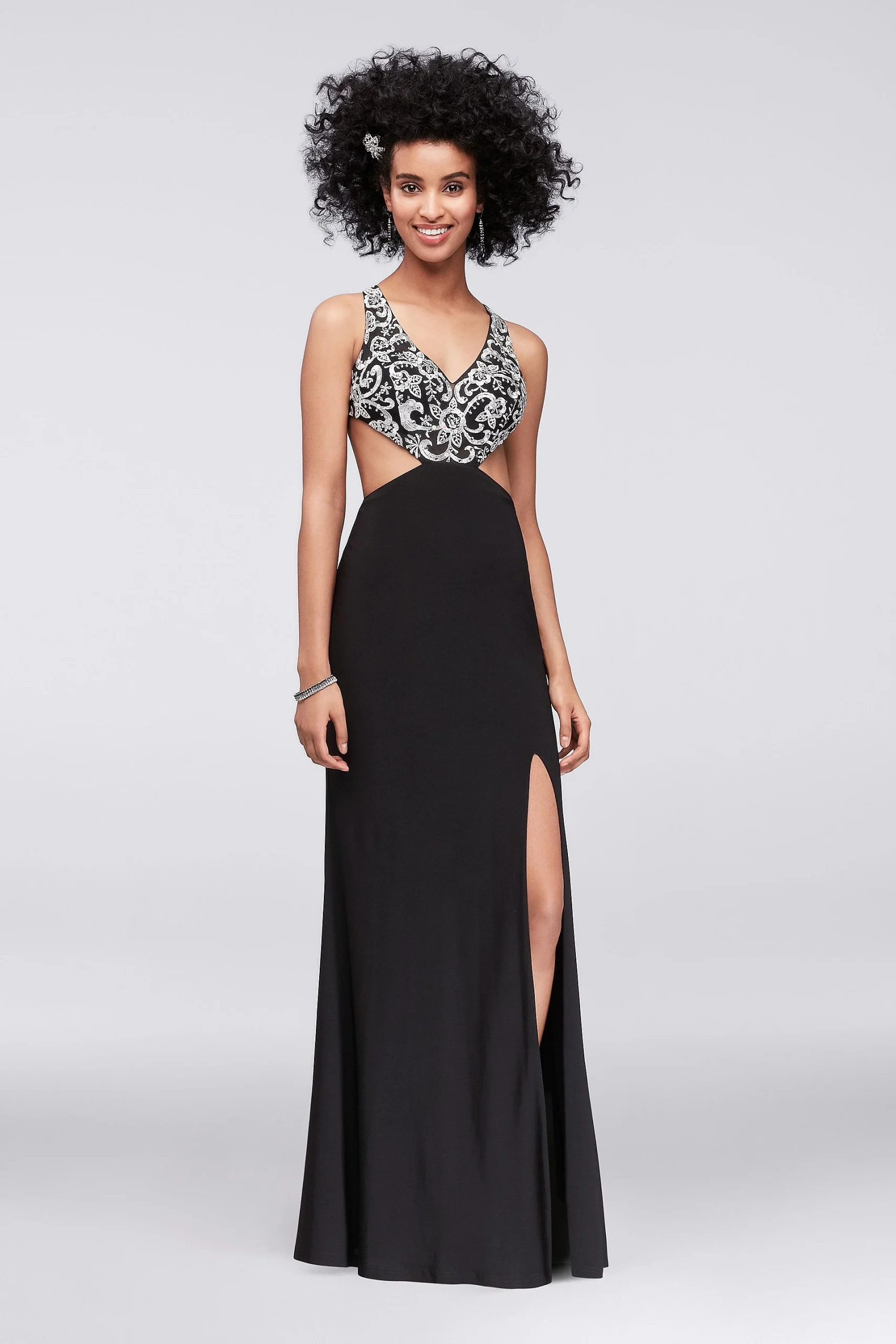 Embroidered Plunging V-Neck Gown with Cutout Sides