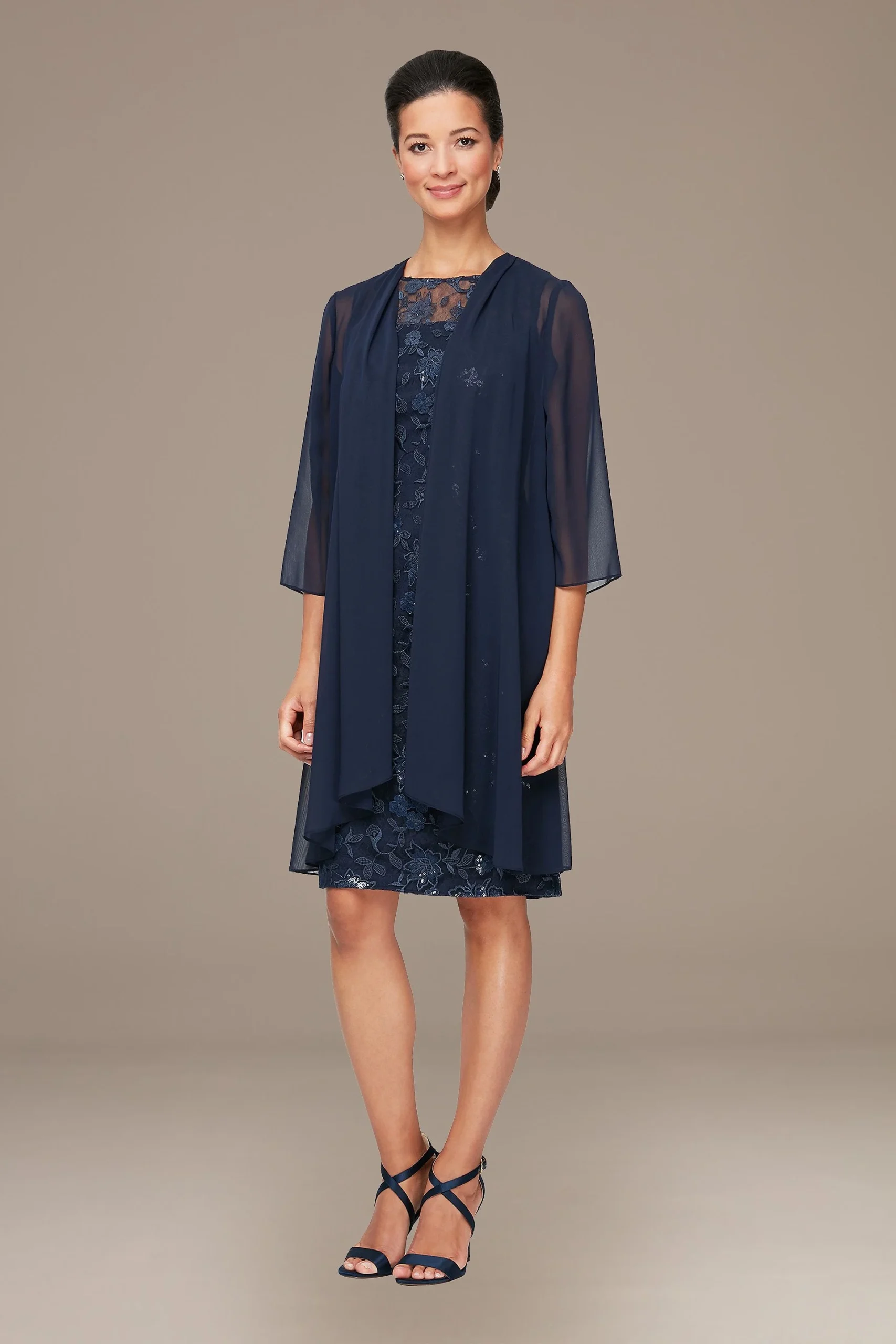 Embroidered Sheath Dress with Long Chiffon Jacket