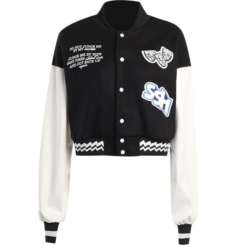 Embroidery contrast button patchwork high neck coat top