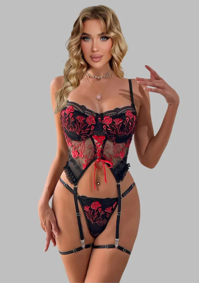 Embroidery Floral Longline Bra Set