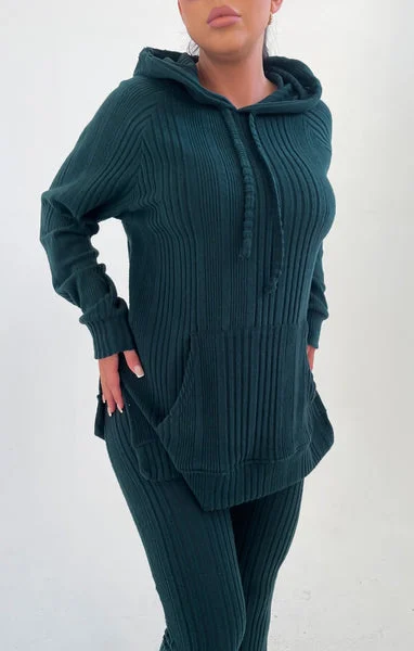 Emerald Ribbed Knitted Front Pocket Pullover Hoodie Flared Leg Loungewear Set - Ivy