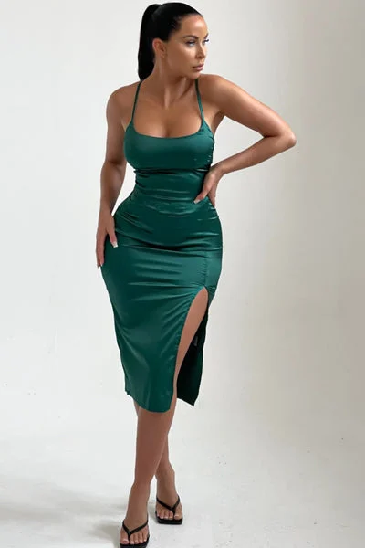 Emerald Satin Side Split Midi Dress - Daphne