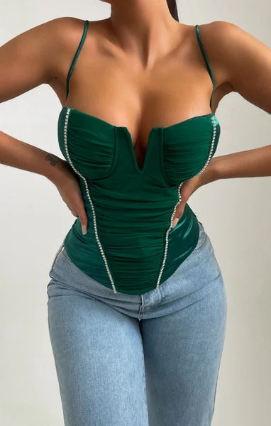 Emerald Strappy Corset Style V Bar Diamante Top - Follie