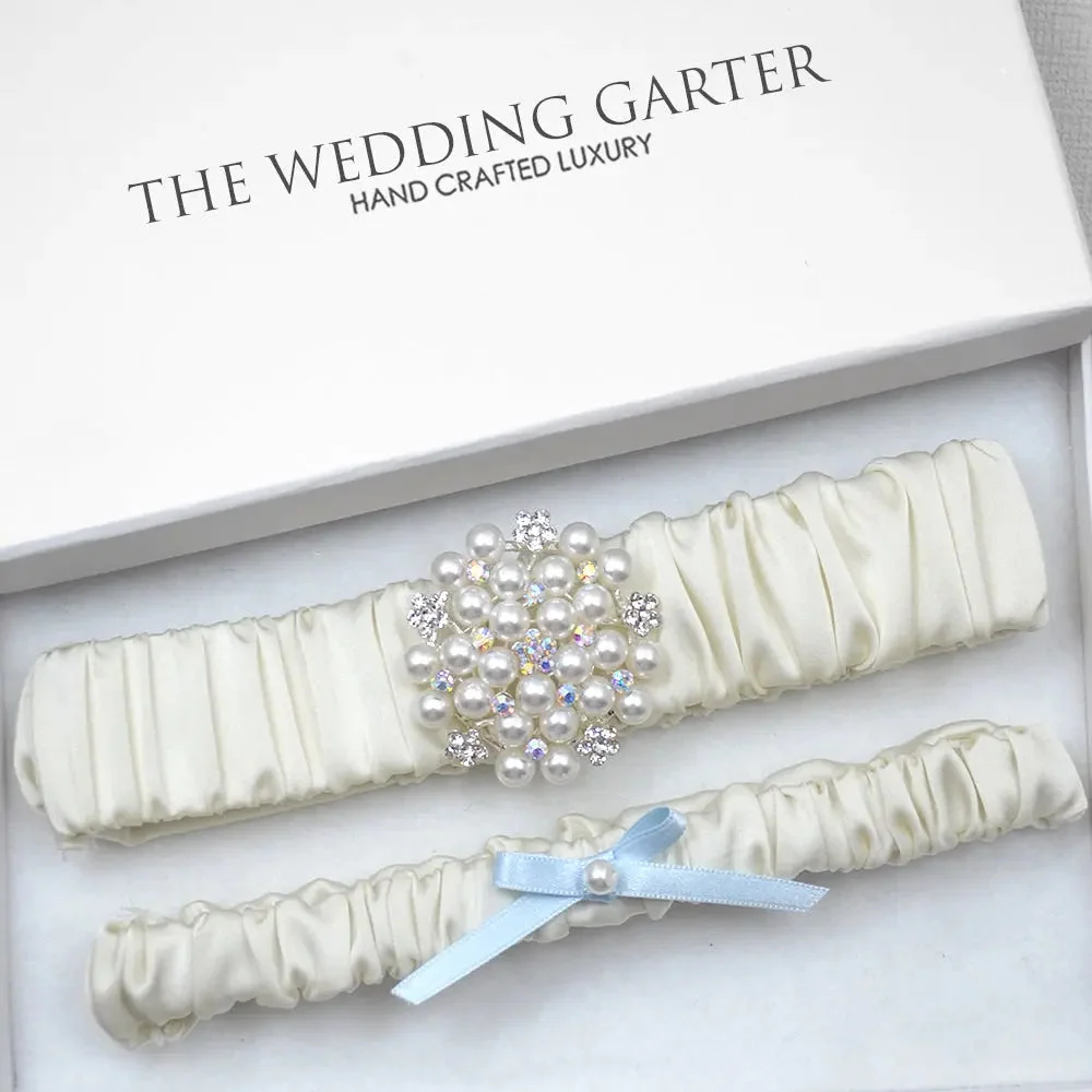 Emily Satin & Pearl Wedding Garter Set (Available in 10 Colours)