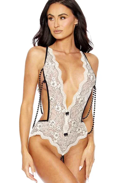 Enchanted Lace & Pearl Crotchless Lace Teddy By Escante
